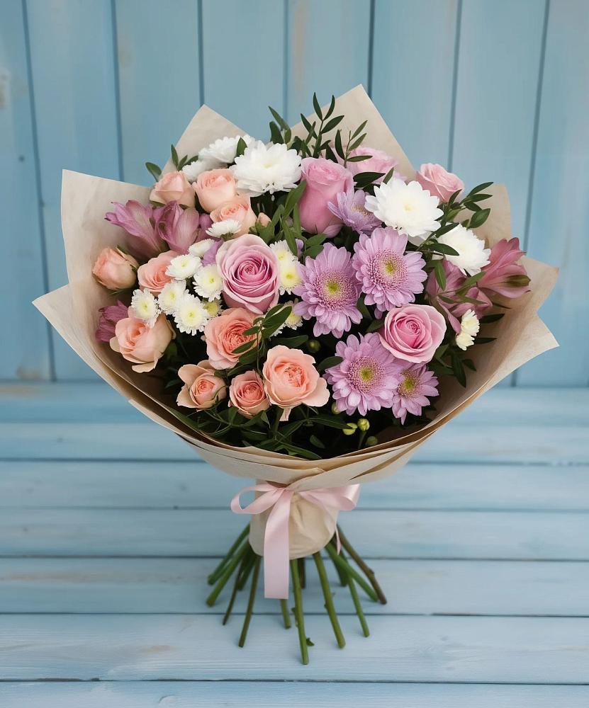 Букет цветов из: Хризантемы, Розы и Альстромерии в Терской