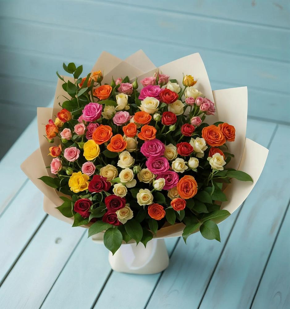 Букет Микс из разноцветных кустовых роз в Терской
